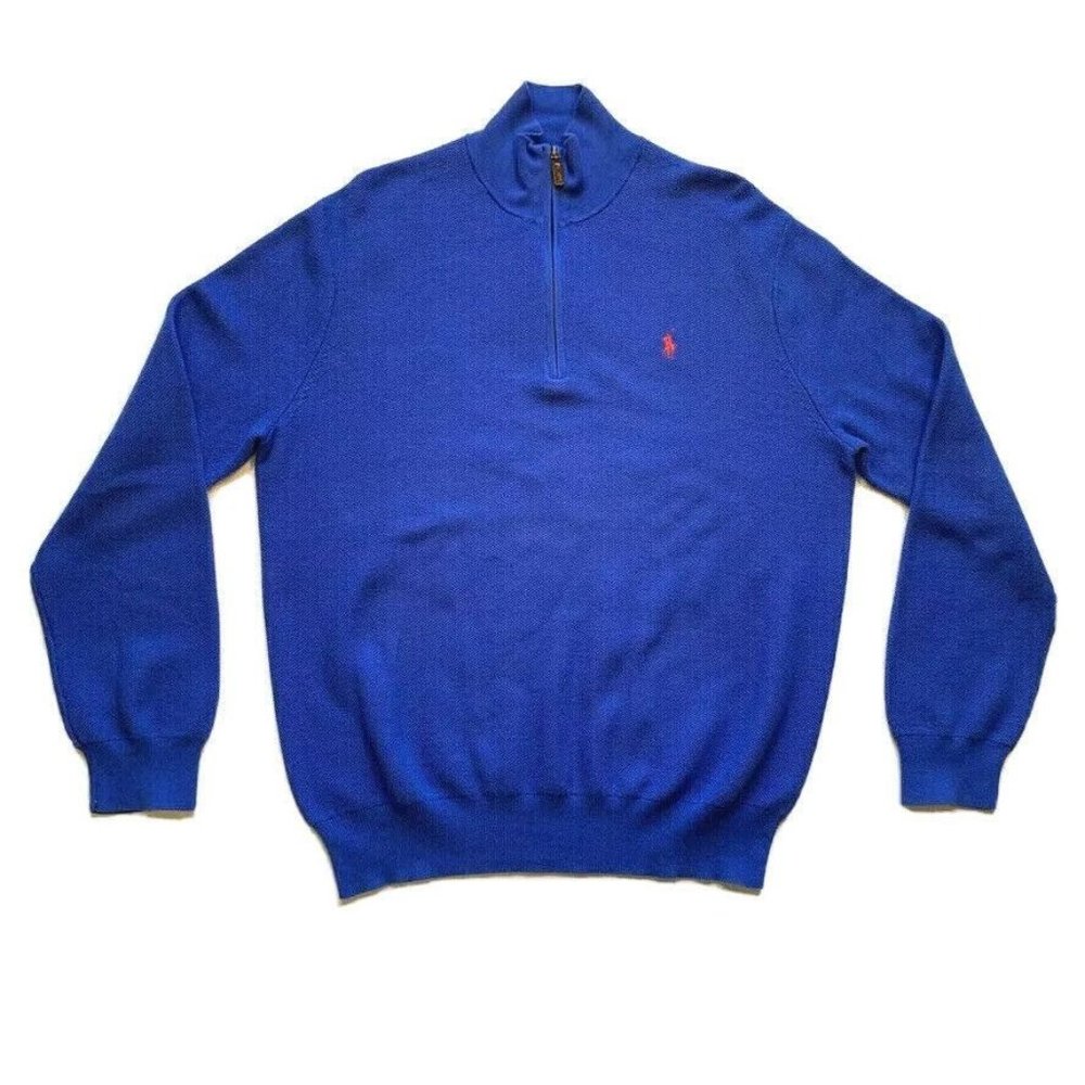 Polo Ralph Lauren Pima Cotton Sweater Pullover‎ Waffle Knit 1/4 Zip Blue XL EUC